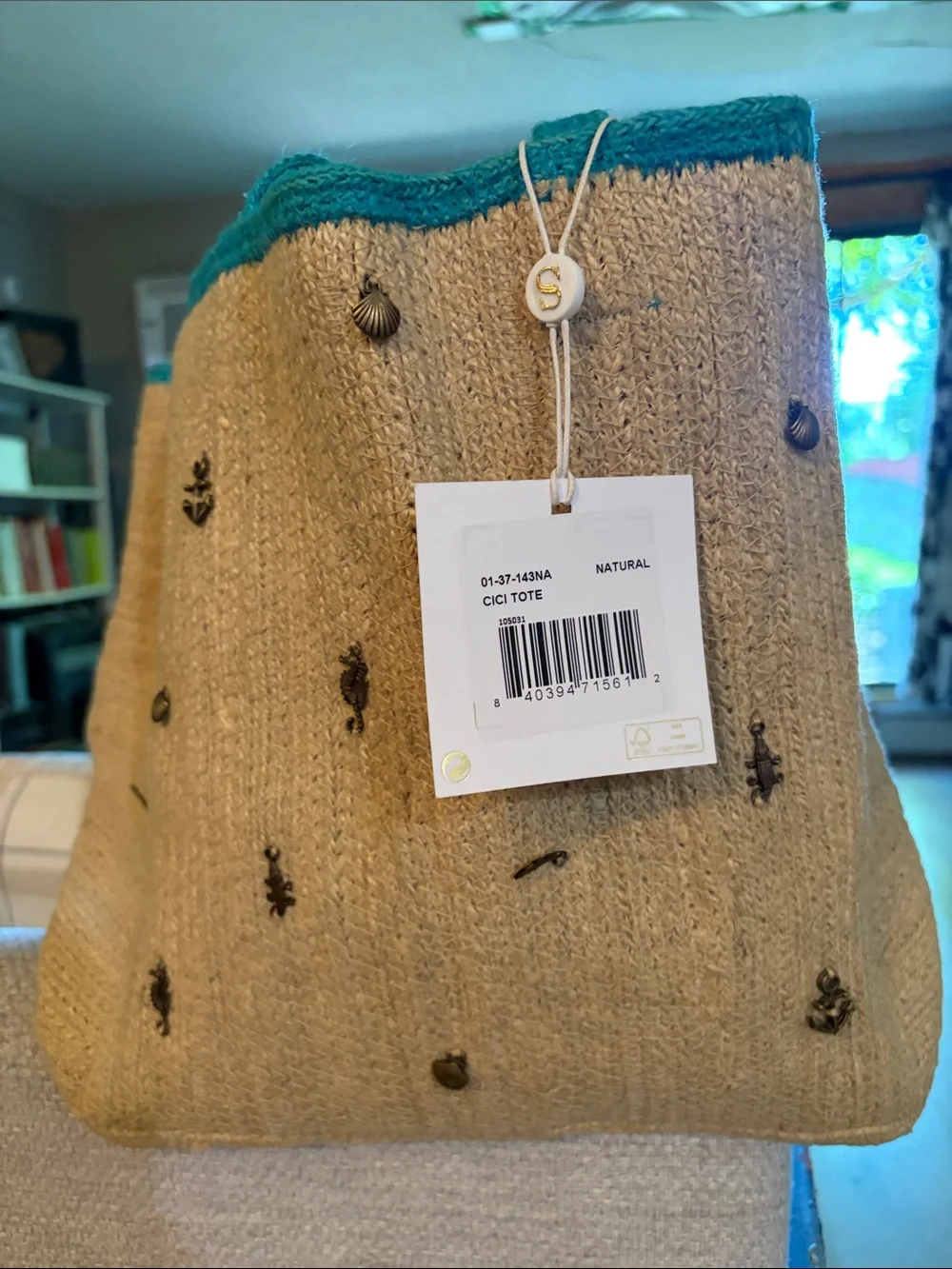 Shiraleah Cici Teal-Trim natural colored jute Tote w/ ocean Accent charm beads